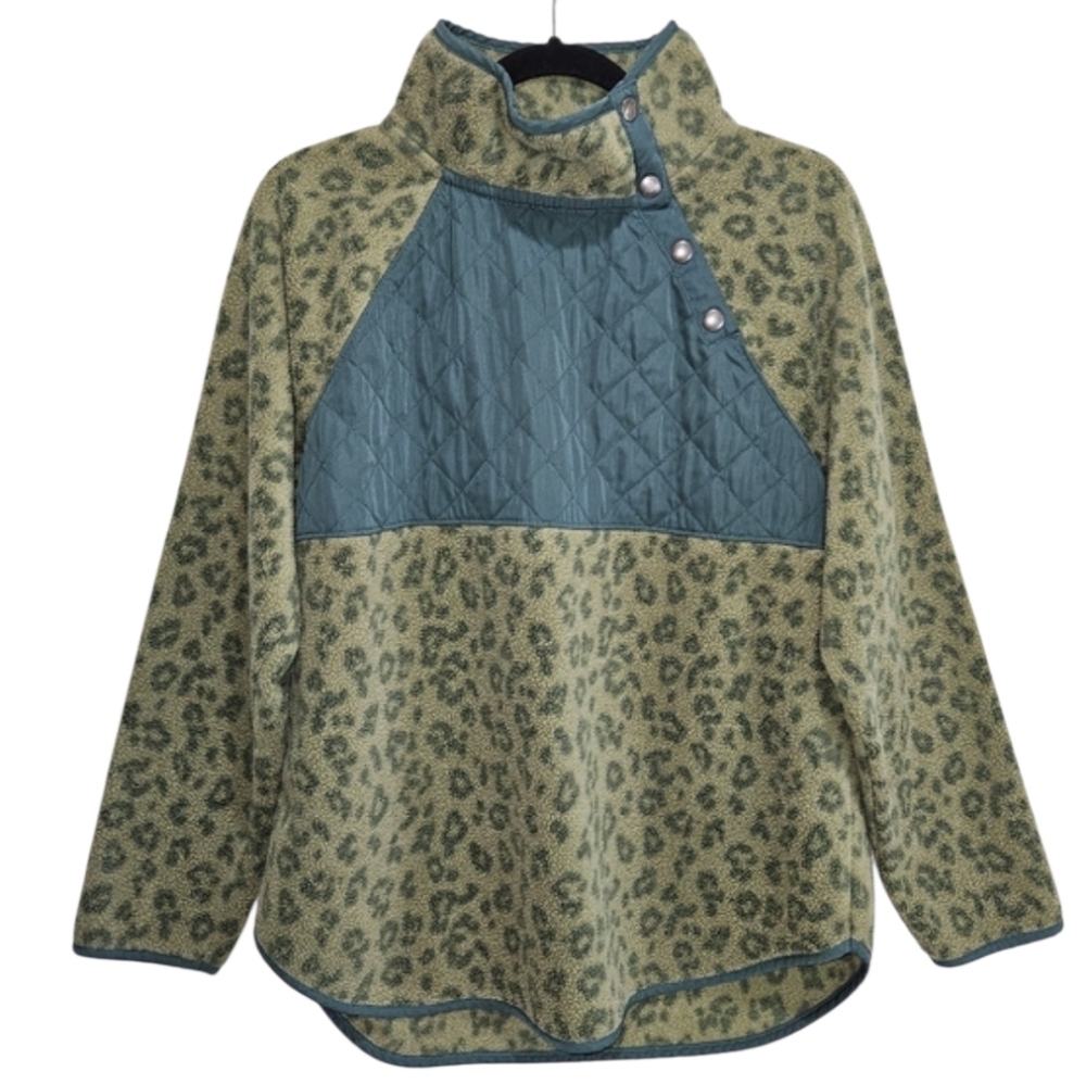 J Crew Leopard Print Fleece Pullover Quilted Detail Women's Medium Green